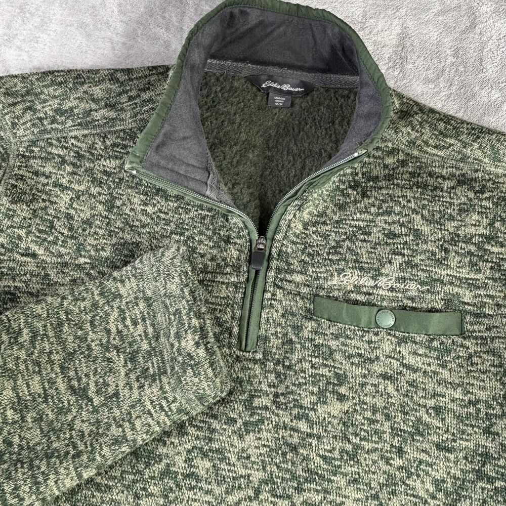 Eddie Bauer Sweater Mens Medium Green 1/4 Zip Mock Neck Fleece‎ Pullover